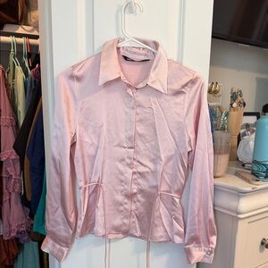 Zara Light Pink Satin Button-Down Blouse
